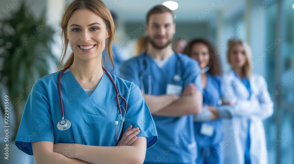 Portrait of a medical team members smiling wearing scrubs Portrait of a medical team members smiling wearing scrubs