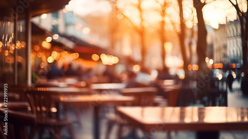Unfocused cafes, buildings and people. Natural bokeh of city centre view, blurred out of focus background. © Alex Shi