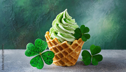 concept, st patricks day, ice cream, waffle, clover, irish, background, close up, minimal photo