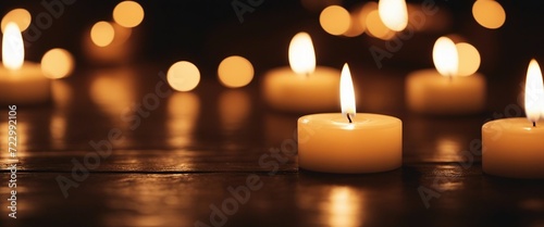 Burning candles on dark wooden background, peaceful scene, copy space for text
 photo