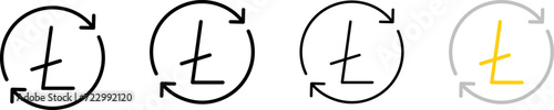 Litecoin coin icons with arrows. Outline, set of Ltc coins and arrows in a circle, Litecoin in a circle. Vector icons