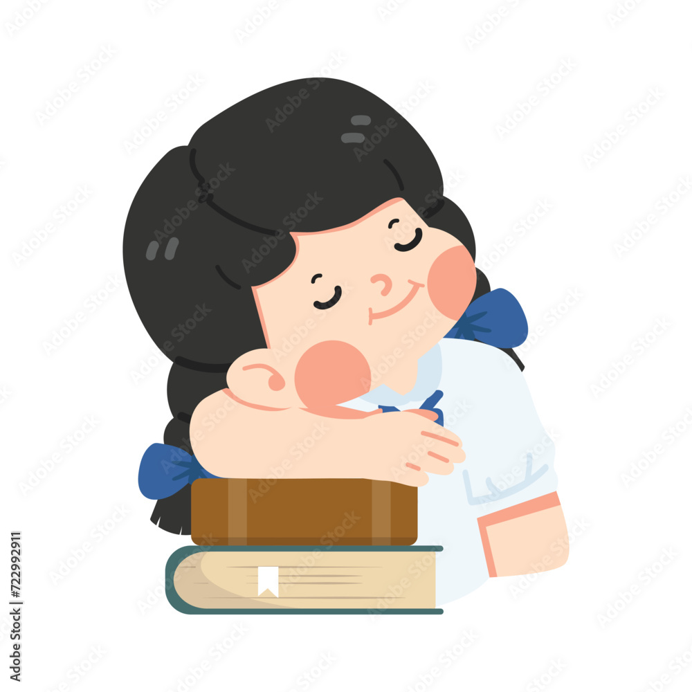 Kid girl students sleep pile stack book vector
