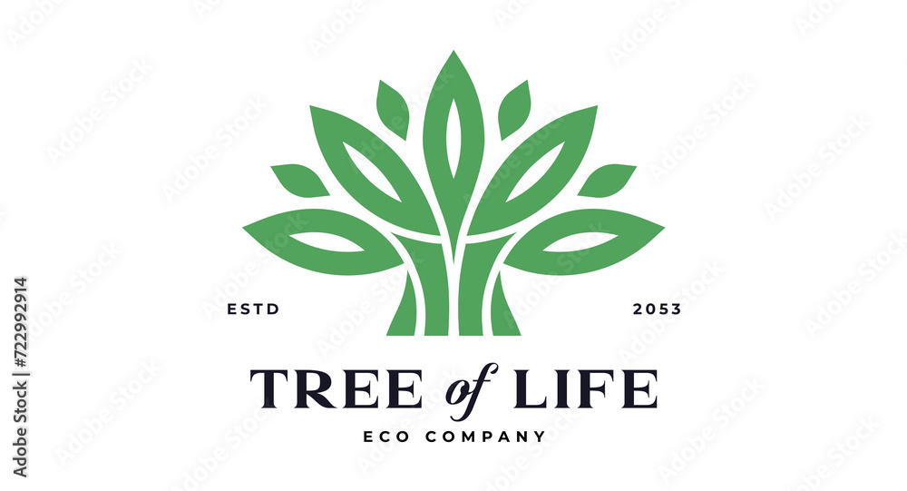 Tree Label, Sign, Logo Oak, Olive Eco Brand. Logo green tree template company sign, organic eco heraldic icon. Graphic template emblem life symbol, silhouette tree logotype. Vector Illustration