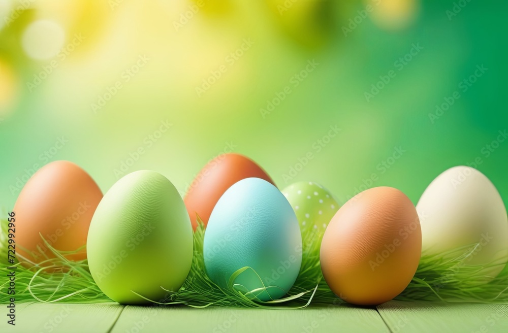 Colorful Easter eggs in a plate on green background frame with copy space for text in the middle