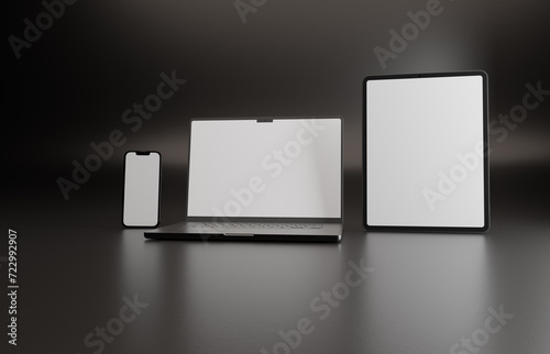 High end phone, tablet and laptop on black studio backdrop. Blank mockup template screen. 