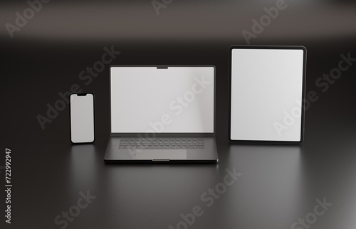 High end phone, tablet and laptop on black studio backdrop. Blank mockup template screen.	