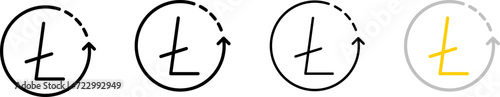 Ltc coin icons and arrow in circle. Outline, set of Ltc coins inside the arrow, Litecoin arrow update, trade design. Vector icons