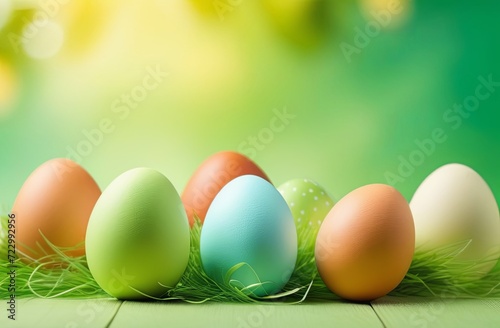 Colorful Easter eggs in a plate on green background frame with copy space for text in the middle