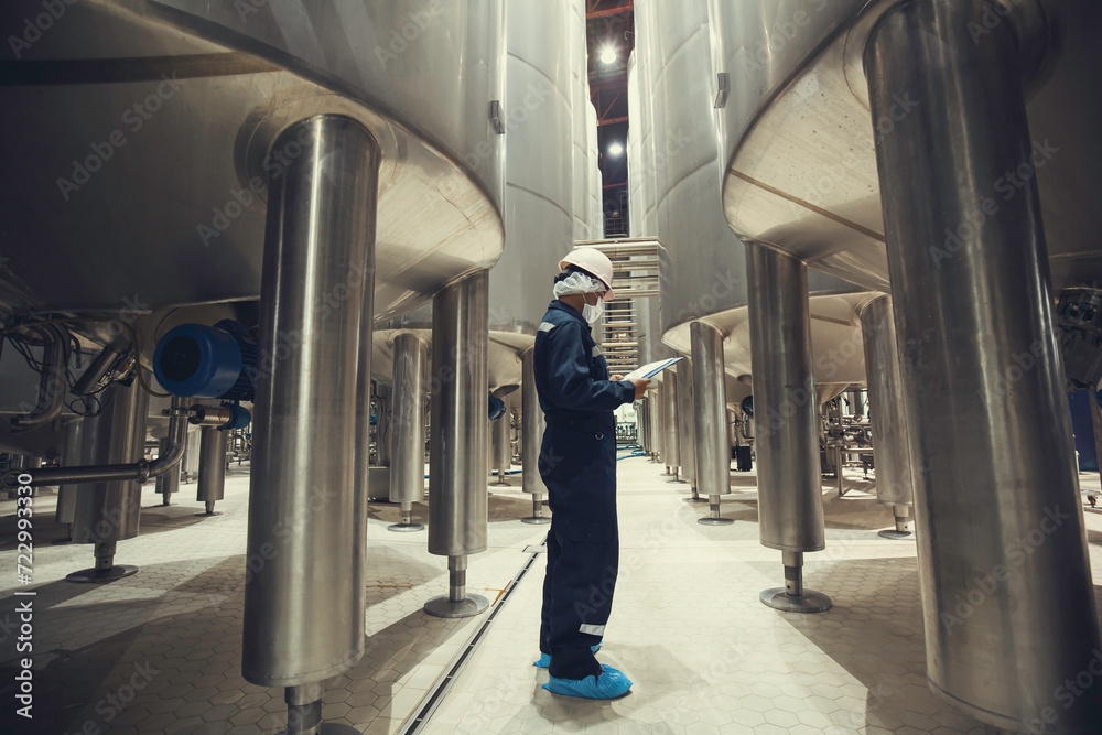 Fototapeta premium Male worker inspection a record process milk cellar at the with vertical stainless steel tank