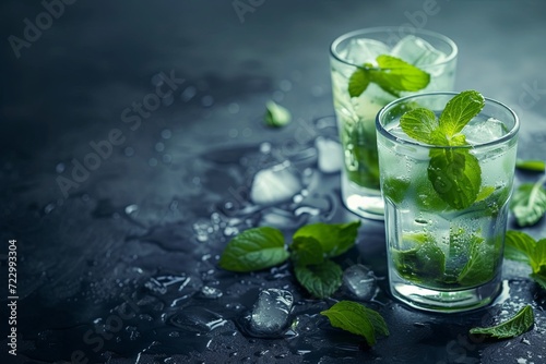 composition of trendy mojito or herbal cocktails like the popular shiso gin and tonic, with shiso leaves in cocktail glasses, on dark background with copy space for text