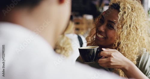 Coffee shop, happy woman and face of couple on date, morning break and enjoy conversation, funny discussion or bonding. Restaurant, love and relax girlfriend smile with green tea cup in diner cafe photo