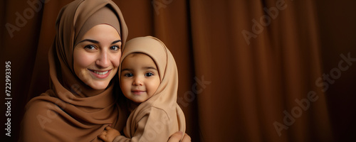 A Muslim woman in a brown burka embraces a young child, Fictional character created by Generative AI.