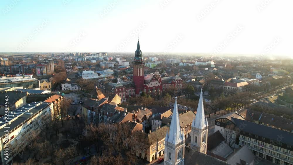 Subotica city hall. Areal shot of city center Subotica city hall. Areal shot of city center
