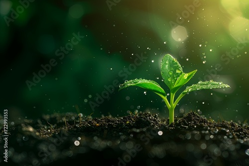 Spring background with plant seedling, sunlight on background, seedling on black with copy space