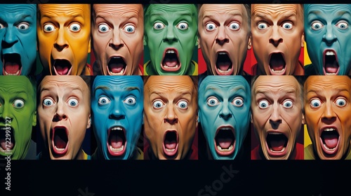 Collage of surprised people on multicolored backgrounds expressing various emotions and feelings