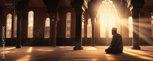 A Muslim man in a Mosque, seeking enlightenment through prayer. Fictional character created by Generative AI. photo