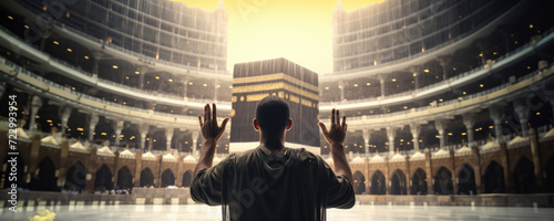 A man praying in front of a grand mosque, Fictional character created by Generative AI.