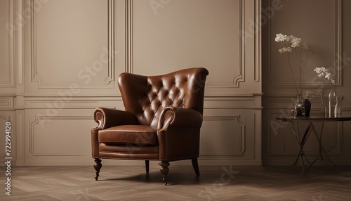 Luxury vintage brown leather Armchair against beige blank Wall Interior space in a large empty room 