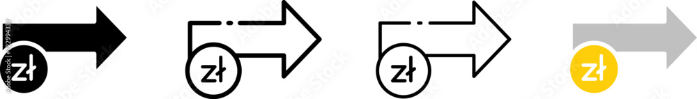 Zloty coin icons with right arrow. Different styles, set of Zloty coins and with right arrow, Zl icon with right arrow, trading design. Vector icons Zloty coin icons with right arrow. Different styles, set of Zloty coins and with right arrow, Zl icon with right arrow, trading design. Vector icons