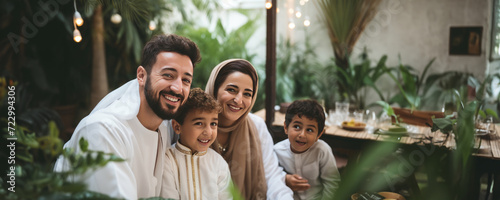 A family photo of a man, his wife, and their two sons posing together for a picture,  Fictional character created by Generative AI.