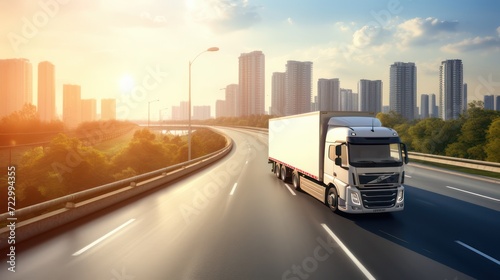 Box truck shipping delivery service city road scene 