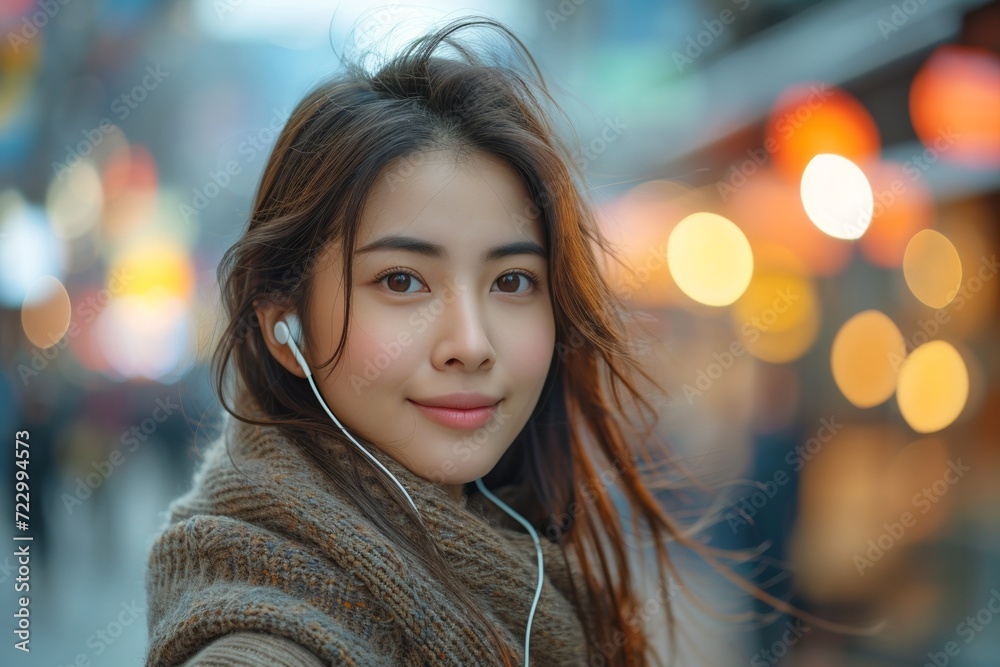 A young woman enjoying music with headphones in a city setting, radiating happiness and positive vibes in a modern urban setting. A young woman enjoying music with headphones in a city setting, radiating happiness and positive vibes in a modern urban setting.