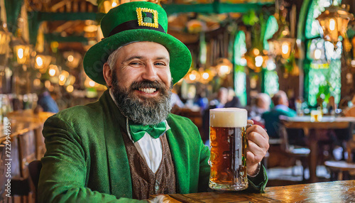 Portrait of a very satisfied Irish monk sitting in a rustic retro Irish pub with a mug of dark frothy beer celebrates St. Patrick's Day