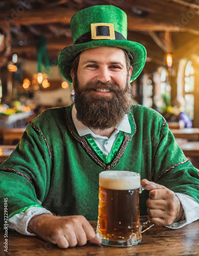 Portrait of a very satisfied Irish monk sitting in a rustic retro Irish pub with a mug of dark frothy beer celebrates St. Patrick's Day