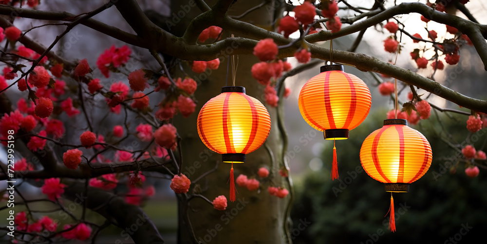 Chinese new year lanterns hanging on tree branch