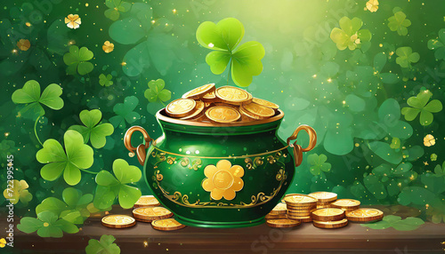 black pot full of gold coins and shamrock leaves. st. patrick's day abstract green background for design, banner, invitation. digital art