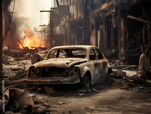 burned-out automobile in a war-torn city. 