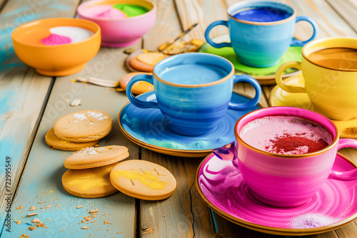 colorful tea cups, representing different colors, drinks concept, generative ai