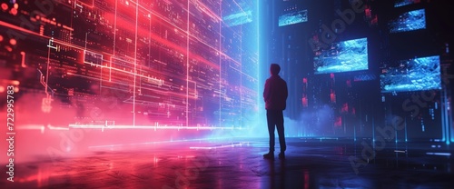 A man standing on digital cyberspace data network connections concept background. AI generated image