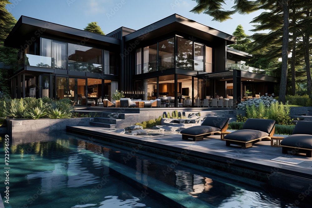 An architectural rendering displays a modern, sleek house equipped with large glass windows, situated beside an inviting pool, surrounded by a serene forest as evening approaches.