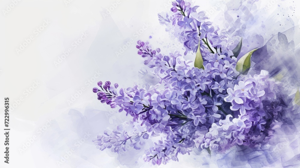 Watercolor Lilacs on White Background. Elegant watercolor lilacs in bloom, with a soft white background.