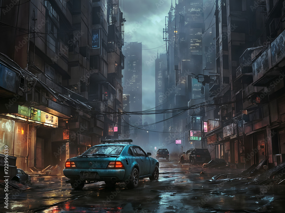  a car is parked in a cyberpunk city street. The street is wet and there are tall buildings surrounding it. The sky is green and there are power lines above the street. 