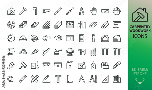 Carpentry and woodworking tools icon set. Joinery tools and materials vector icons wth editable stroke.