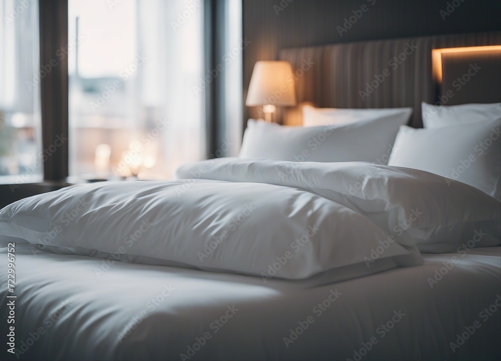 Obraz premium a comfortable hotel bed with crisp white sheets and bright lights coming through the window 