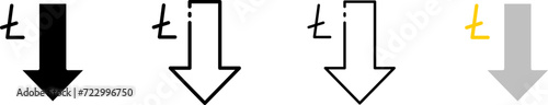 Ltc and down arrow icons. Different styles, down arrow set, Litecoin coin and down arrow. Vector icons