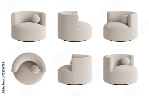 Set of six views of a modern ivory geometrical form armchair with a ball pillow isolated on a transparent background. Front view, top view, two sides, and two perspectives. 3d render photo