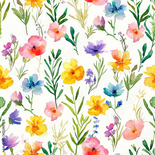 Bright Watercolor Floral Seamless Background. A seamless pattern of bright watercolor flowers and leaves on a white background. © Oksana Smyshliaeva
