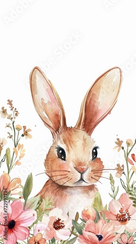 Watercolor Rabbit with Lush Garden Backdrop. Close-up of a rabbit in watercolor, surrounded by a lush floral background.