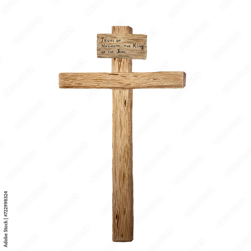 Watercolor wooden cross with inscription on it, religious illustration isolated on white
