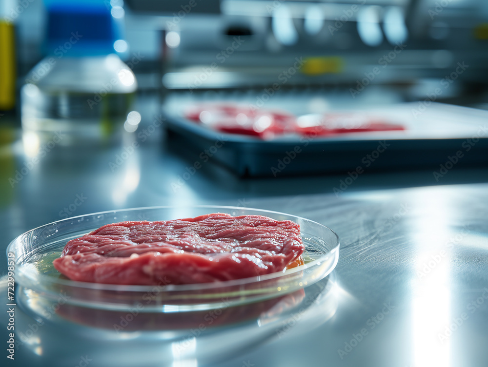 Lab-Grown Meat. Meat sample in glass cup for cell culture in laboratory. Concept of cultivating pure meat in vitro. Synthetic meat. Photorealistic, background with bokeh effect. Lab-Grown Meat. Meat sample in glass cup for cell culture in laboratory. Concept of cultivating pure meat in vitro. Synthetic meat. Photorealistic, background with bokeh effect.