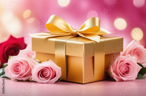 Golden gift box with festive ribbon with pink roses on a blurred pastel background. Banner for March 8, Women's Day, happy birthday.