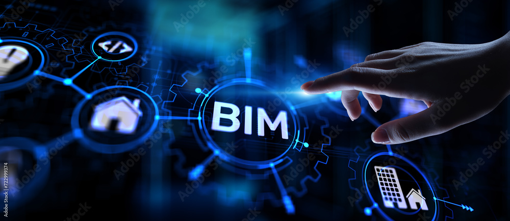 BIM Building Information Modeling Technology concept on virtual screen. - obrazy, fototapety, plakaty 