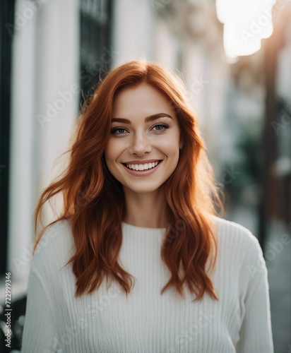 portrait of attractive college student girl with red hair and sincere smile, isolated white background 