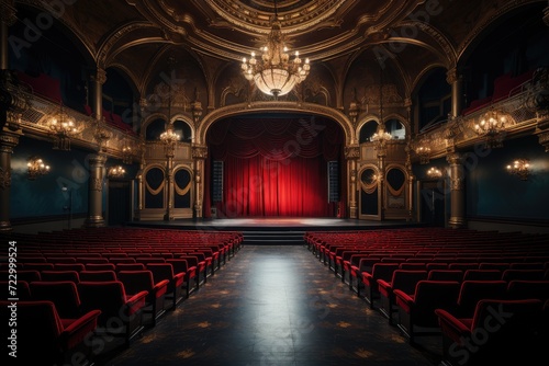 Theater stage with red curtains, spotlights and empty seats rows. Theatre interior with wooden scene with luxury velvet drapes, music hall, opera, drama photo