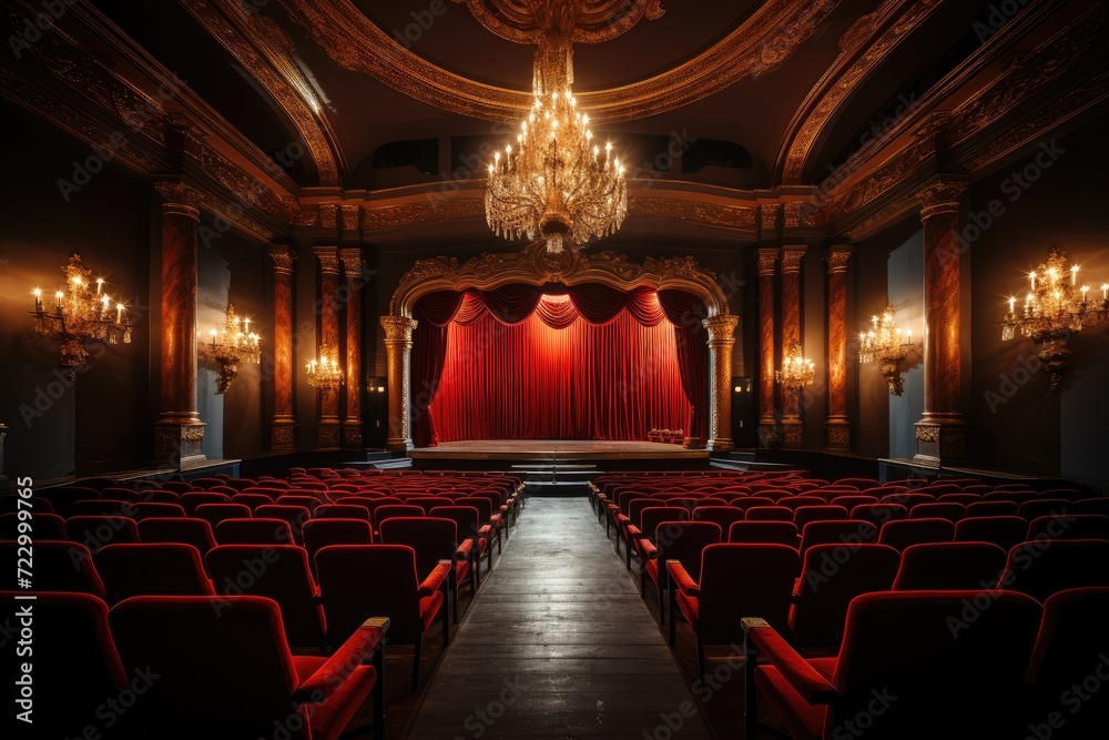 Theater stage with red curtains, spotlights and empty seats rows ...
