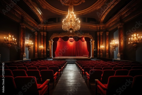 Theater stage with red curtains, spotlights and empty seats rows. Theatre interior with wooden scene with luxury velvet drapes, music hall, opera, drama